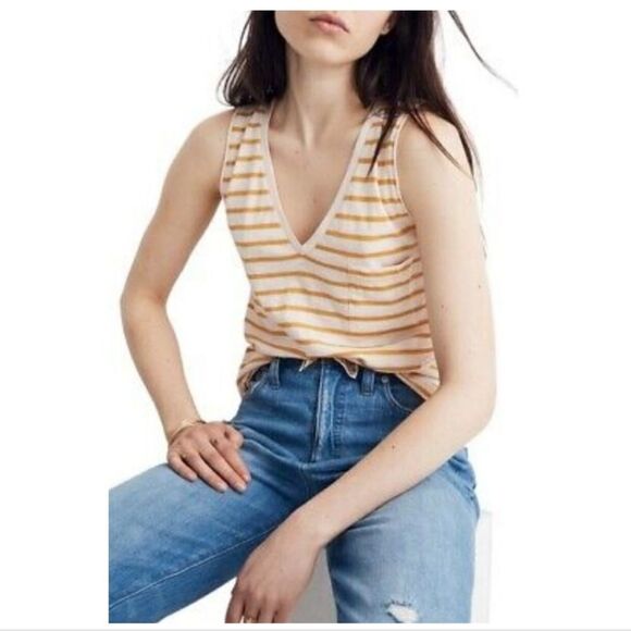 Madewell Whisper Cotton V-Neck Pocket Tank in Baker Stripe size M - Picture 1 of 7
